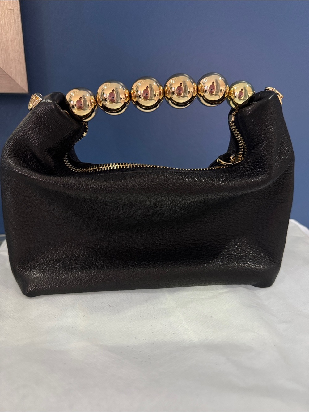 Black Leather Wristlet Clutch with Gold Bead Handle